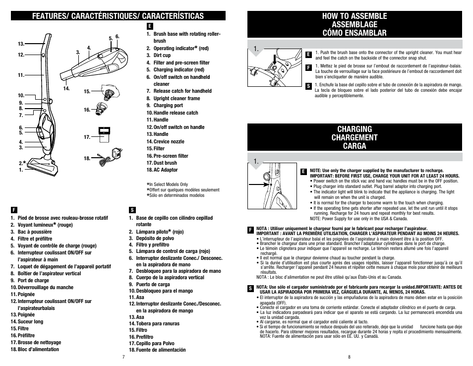 Features/ caractéristiques/ características | Dirt Devil BD20050 User Manual | Page 4 / 8