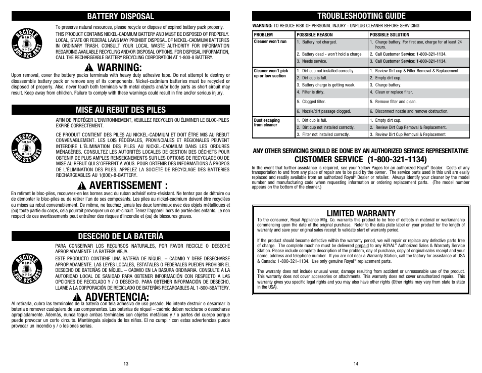 Advertencia, Avertissement, Warning | Desecho de la batería, Mise au rebut des piles, Battery disposal, Troubleshooting guide, Limited warranty | Dirt Devil BD20050 User Manual | Page 7 / 8