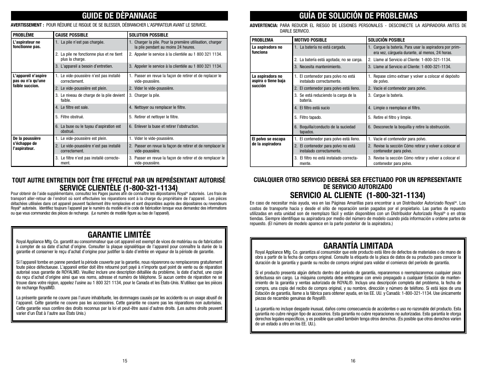 Guide de dèpannage, Guía de solución de problemas, Garantie limitée | Garantía limitada | Dirt Devil BD20050 User Manual | Page 8 / 8