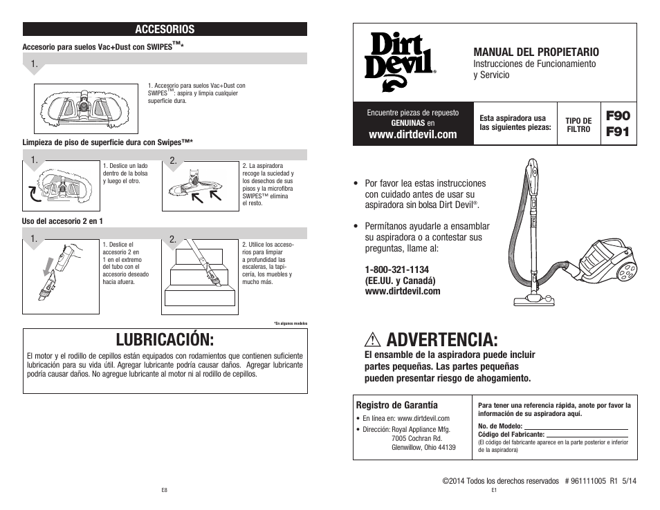 Advertencia, Lubricación, F90 f91 | Manual del propietario, Accesorios | Dirt Devil SD40050B User Manual | Page 11 / 14