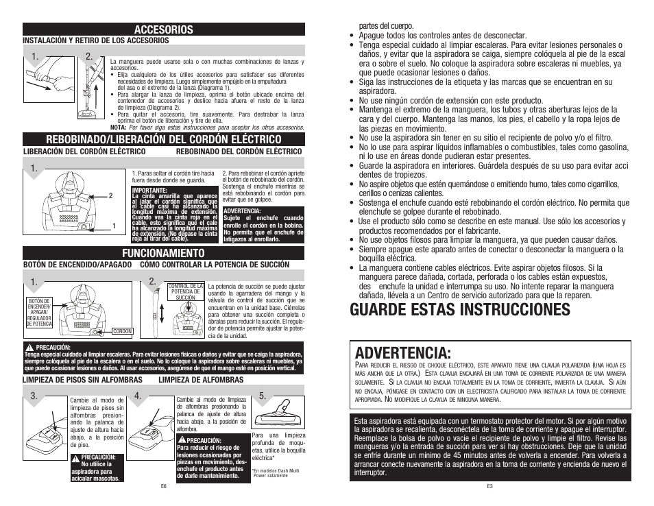 Guarde estas instrucciones, Advertencia, Accesorios | Rebobinado/liberación del cordón eléctrico, Funcionamiento | Dirt Devil SD40050B User Manual | Page 13 / 14