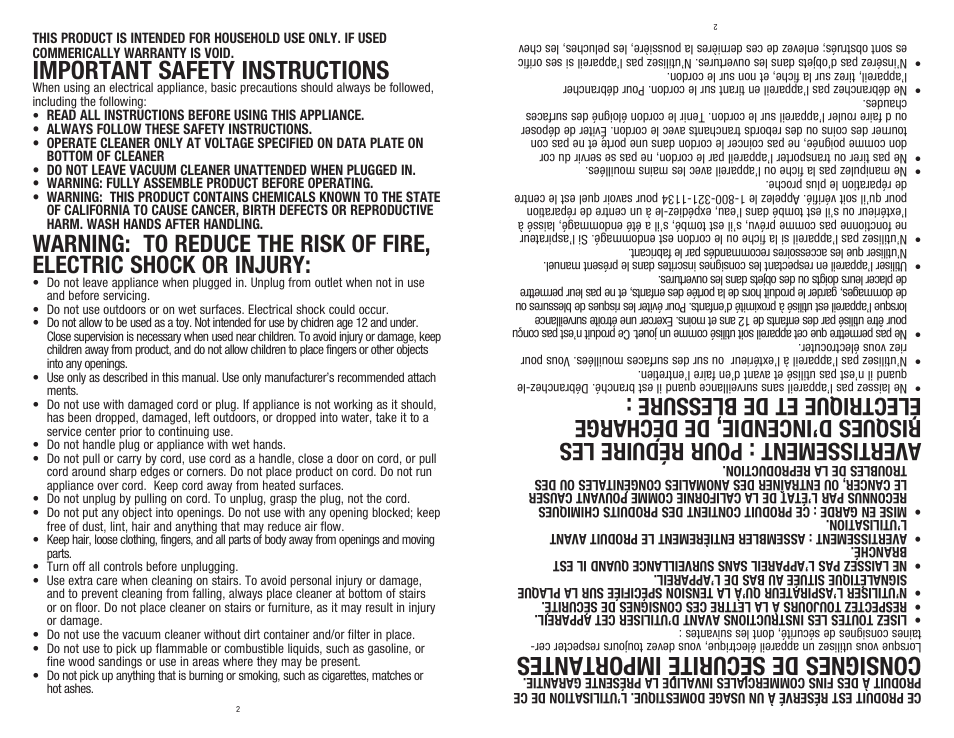 Important safety instructions, Consignes de sécurité importantes | Dirt Devil SD40050B User Manual | Page 2 / 14