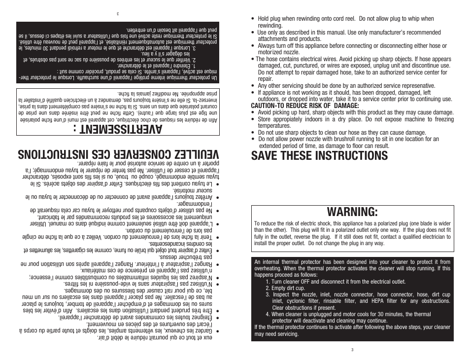 Warning, Avertissement, Save these instructions | Veuillez conserver ces instructions | Dirt Devil SD40050B User Manual | Page 3 / 14