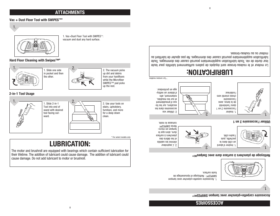 Lubrication, Lubrification, Attachments accessoires | Dirt Devil SD40050B User Manual | Page 8 / 14