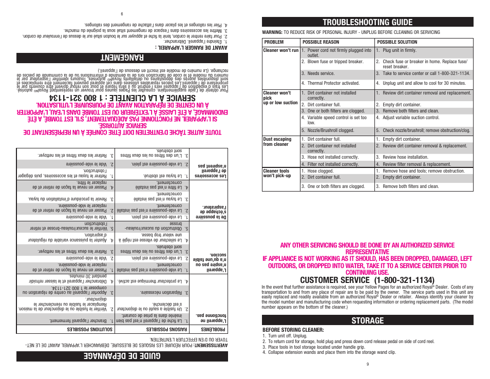 Troubleshooting guide guide de dépannage, Storage rangement | Dirt Devil SD40050B User Manual | Page 9 / 14