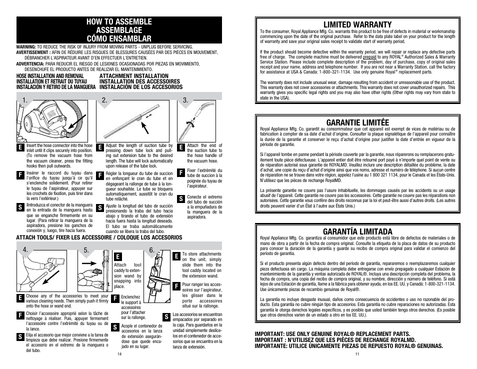 Limited warranty, Garantie limitée, Garantía limitada | How to assemble assemblage cómo ensamblar | Dirt Devil SD40100 User Manual | Page 11 / 12