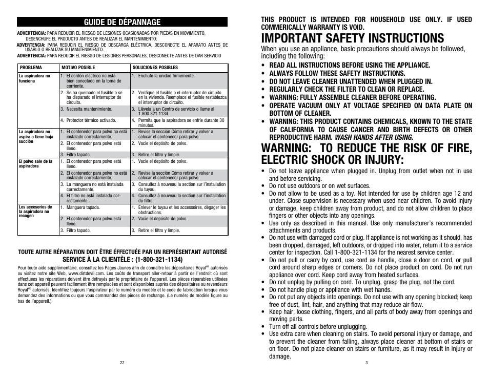 Important safety instructions, Guide de dépannage | Dirt Devil SD40100 User Manual | Page 3 / 12