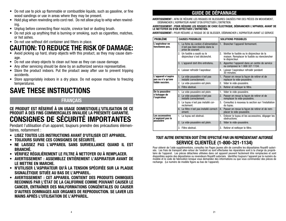 Save these instructions, Consignes de sécurité importantes, Caution: to reduce the risk of damage | Français, Guide de dépannage | Dirt Devil SD40100 User Manual | Page 4 / 12