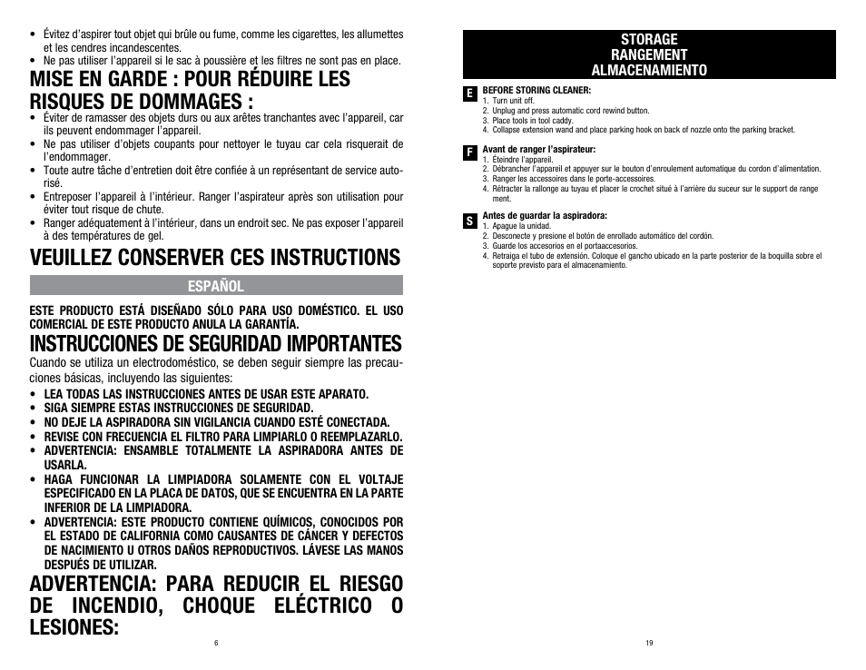 Veuillez conserver ces instructions, Instrucciones de seguridad importantes | Dirt Devil SD40100 User Manual | Page 6 / 12