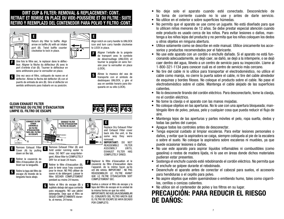 Precaución: para reducir el riesgo de daños | Dirt Devil SD40100 User Manual | Page 7 / 12