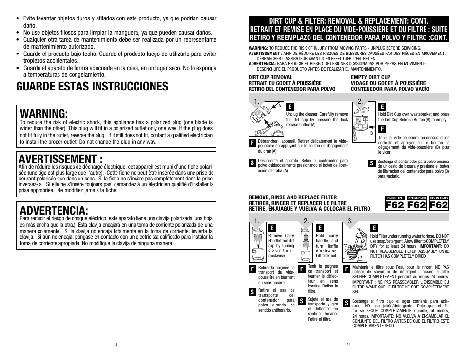 Guarde estas instrucciones, Warning, Avertissement | Advertencia | Dirt Devil SD40100 User Manual | Page 8 / 12