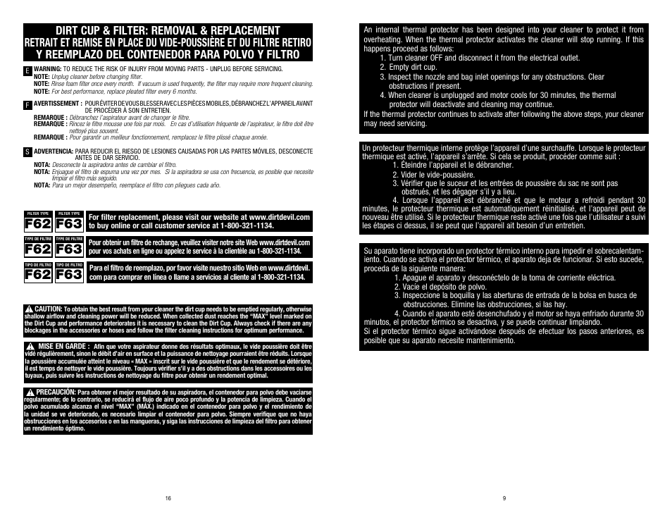 F62 f63 | Dirt Devil SD40100 User Manual | Page 9 / 12
