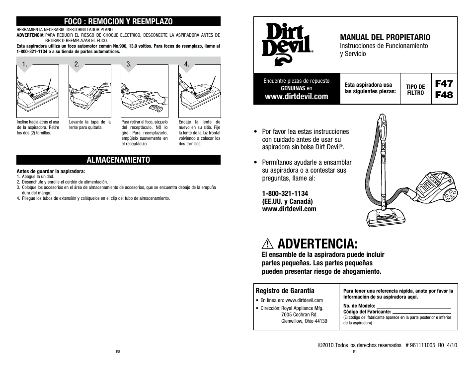 Advertencia, F47 f48, Manual del propietario | Foco : remocion y reemplazo, Almacenamiento | Dirt Devil SD40025 User Manual | Page 11 / 14