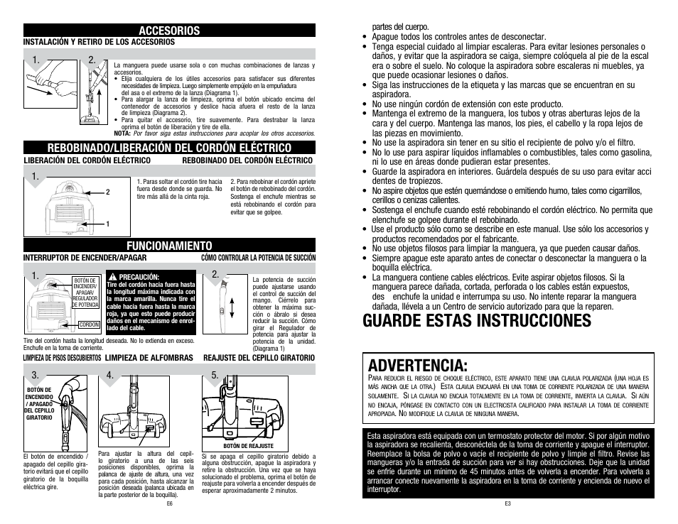 Guarde estas instrucciones, Advertencia, Accesorios | Rebobinado/liberación del cordón eléctrico, Funcionamiento | Dirt Devil SD40025 User Manual | Page 13 / 14