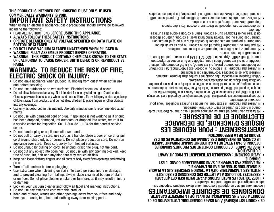 Important safety instructions, Consignes de sécurité importantes | Dirt Devil SD40025 User Manual | Page 2 / 14