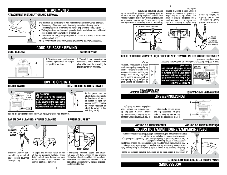 Attachments, Cord release / rewind, How to operate | Accessoires, Déclenchement/enroulement du cordon, Fonctionnement | Dirt Devil SD40025 User Manual | Page 6 / 14