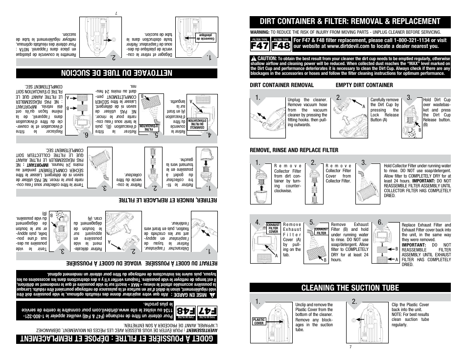 Dirt container & filter: removal & replacement, Cleaning the suction tube, Nettoyage du tube de succion | Dirt Devil SD40025 User Manual | Page 7 / 14