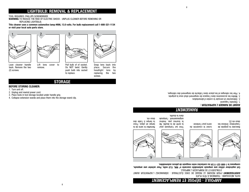 Storage, Lightbulb: removal & replacement, Rangement ampoule : dépose et remplacement | Dirt Devil SD40025 User Manual | Page 8 / 14