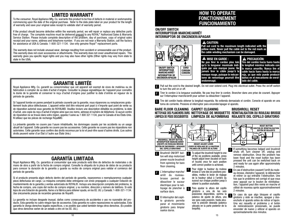 Limited warranty, Garantie limitée, Garantía limitada | How to operate fonctionnement funcionamiento | Dirt Devil SD40030 User Manual | Page 10 / 12