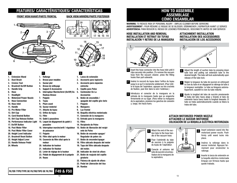Features/ caractéristiques/ características, How to assemble assemblage cómo ensamblar, F49 & f50 | Dirt Devil SD40030 User Manual | Page 12 / 12