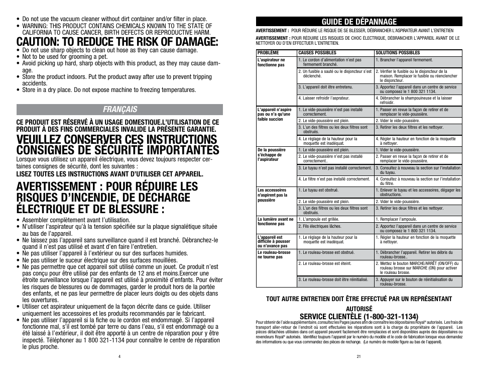 Caution: to reduce the risk of damage, Français, Guide de dépannage | Dirt Devil SD40030 User Manual | Page 4 / 12