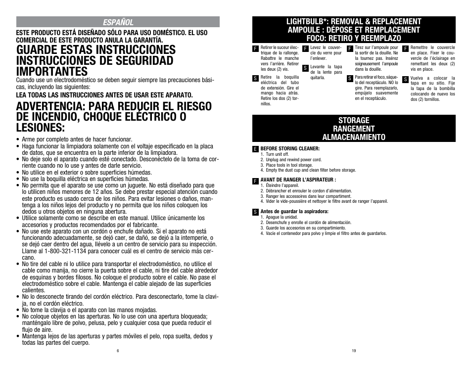 Storage rangement almacenamiento, Español | Dirt Devil SD40030 User Manual | Page 6 / 12