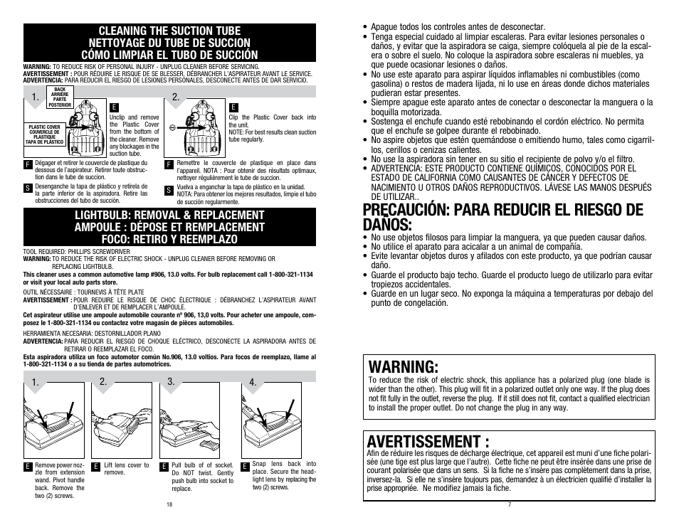 Warning, Precaución: para reducir el riesgo de daños, Avertissement | Dirt Devil SD40030 User Manual | Page 7 / 12