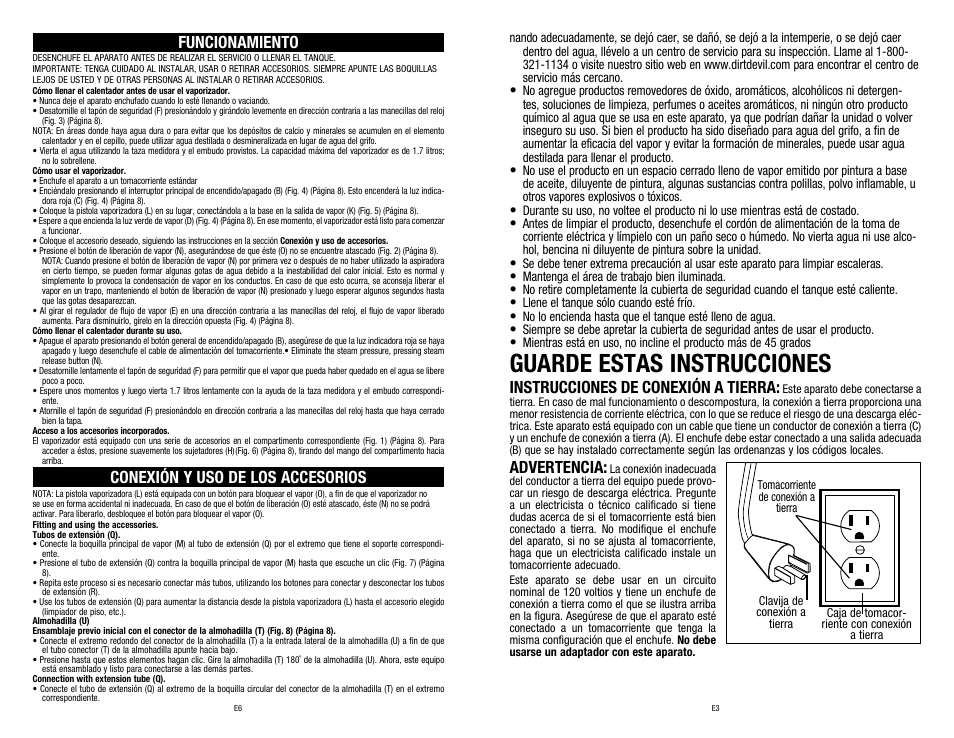 Guarde estas instrucciones, Instrucciones de conexión a tierra, Advertencia | Funcionamiento, Conexión y uso de los accesorios | Dirt Devil PD20020 User Manual | Page 13 / 14