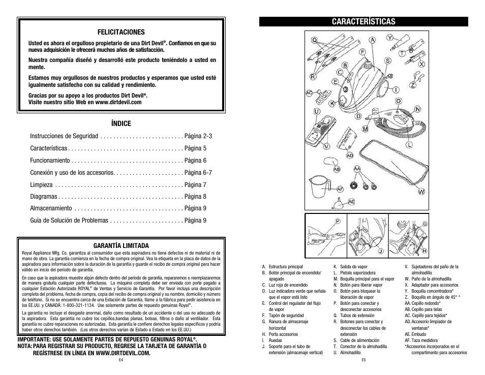 Características, Felicitaciones, Índice | Dirt Devil PD20020 User Manual | Page 14 / 14