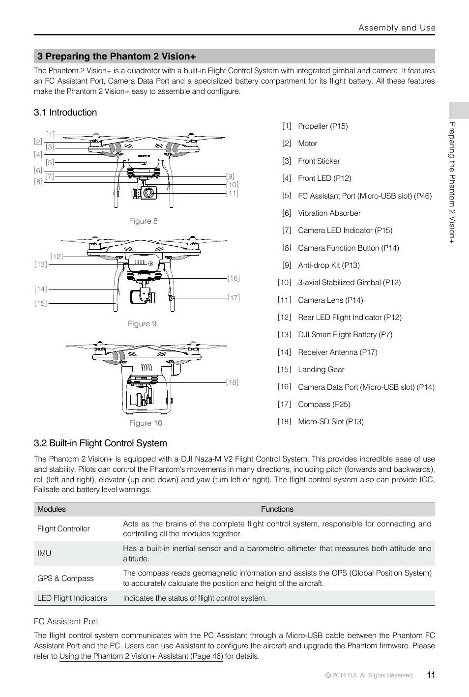 3 preparing the phantom 2 vision, 1 introduction, 2 built-in flight control system | Fc assistant port, 11 3 preparing the phantom 2 vision, 1 introduction 3.2 built-in flight control system | DJI Phantom 2 Vision Plus User Manual User Manual | Page 11 / 52