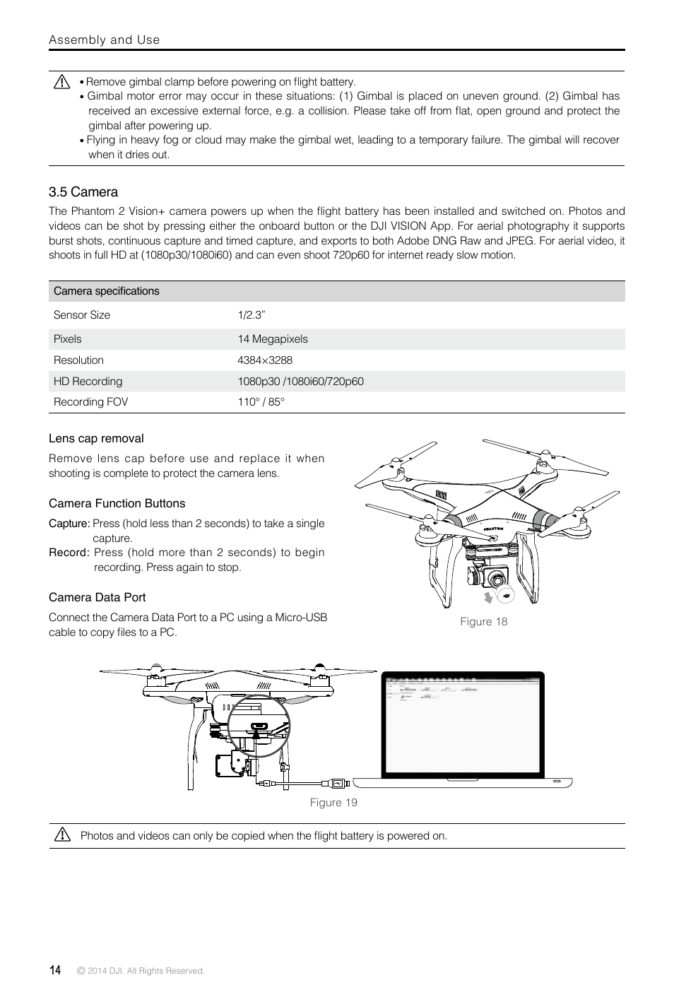 5 camera, Lens cap removal, Camera function buttons | Camera data port, Camera function button (p14), Camera lens (p14), Camera data port (micro-usb slot) (p14) | DJI Phantom 2 Vision Plus User Manual User Manual | Page 14 / 52