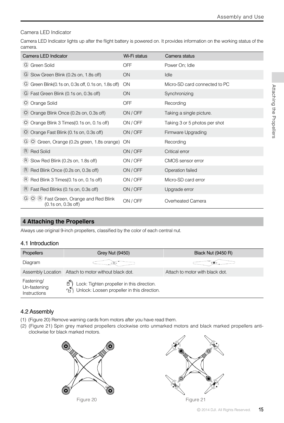 Camera led indicator, 4 attaching the propellers, 1 introduction | 2 assembly, Propeller (p15), Camera led indicator (p15) | DJI Phantom 2 Vision Plus User Manual User Manual | Page 15 / 52