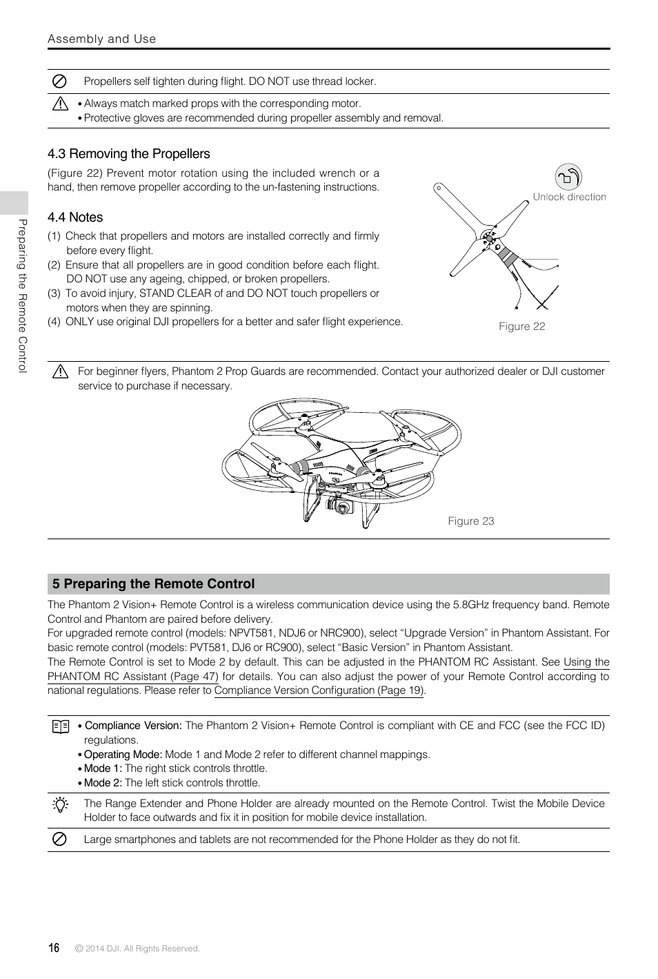 3 removing the propellers, 4 notes, 5 preparing the remote control | DJI Phantom 2 Vision Plus User Manual User Manual | Page 16 / 52
