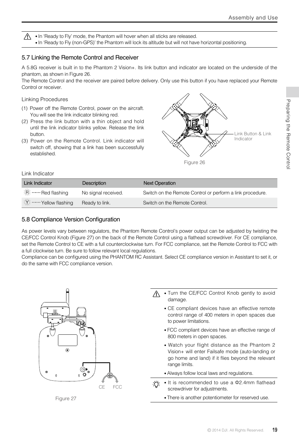 7 linking the remote control and receiver, Linking procedures, Link indicator | 8 compliance version configuration, 7 linking the remote control and receiver 19, 8 compliance version configuration 19 | DJI Phantom 2 Vision Plus User Manual User Manual | Page 19 / 52