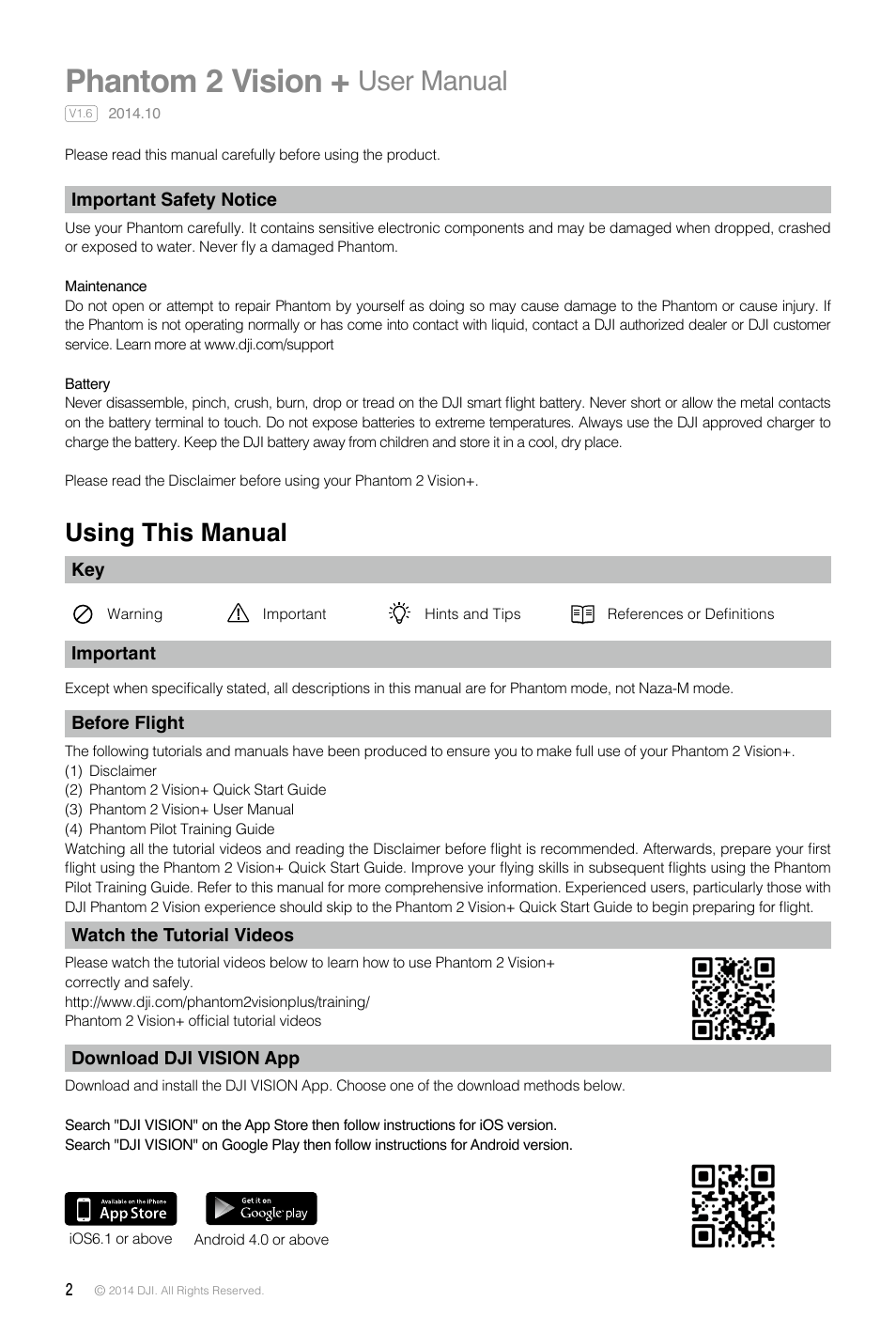 Important safety notice, Using this manual, Important | Before flight, Watch the tutorial videos, Download dji vision app, Phantom 2 vision, User manual | DJI Phantom 2 Vision Plus User Manual User Manual | Page 2 / 52