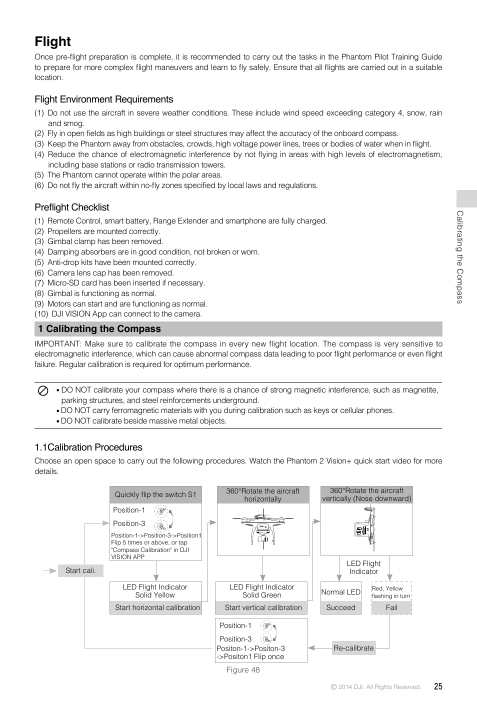 Flight, Flight environment requirements, Preflight checklist | 1 calibrating the compass, 1calibration procedures, Compass (p25), Calibrating the compass | DJI Phantom 2 Vision Plus User Manual User Manual | Page 25 / 52