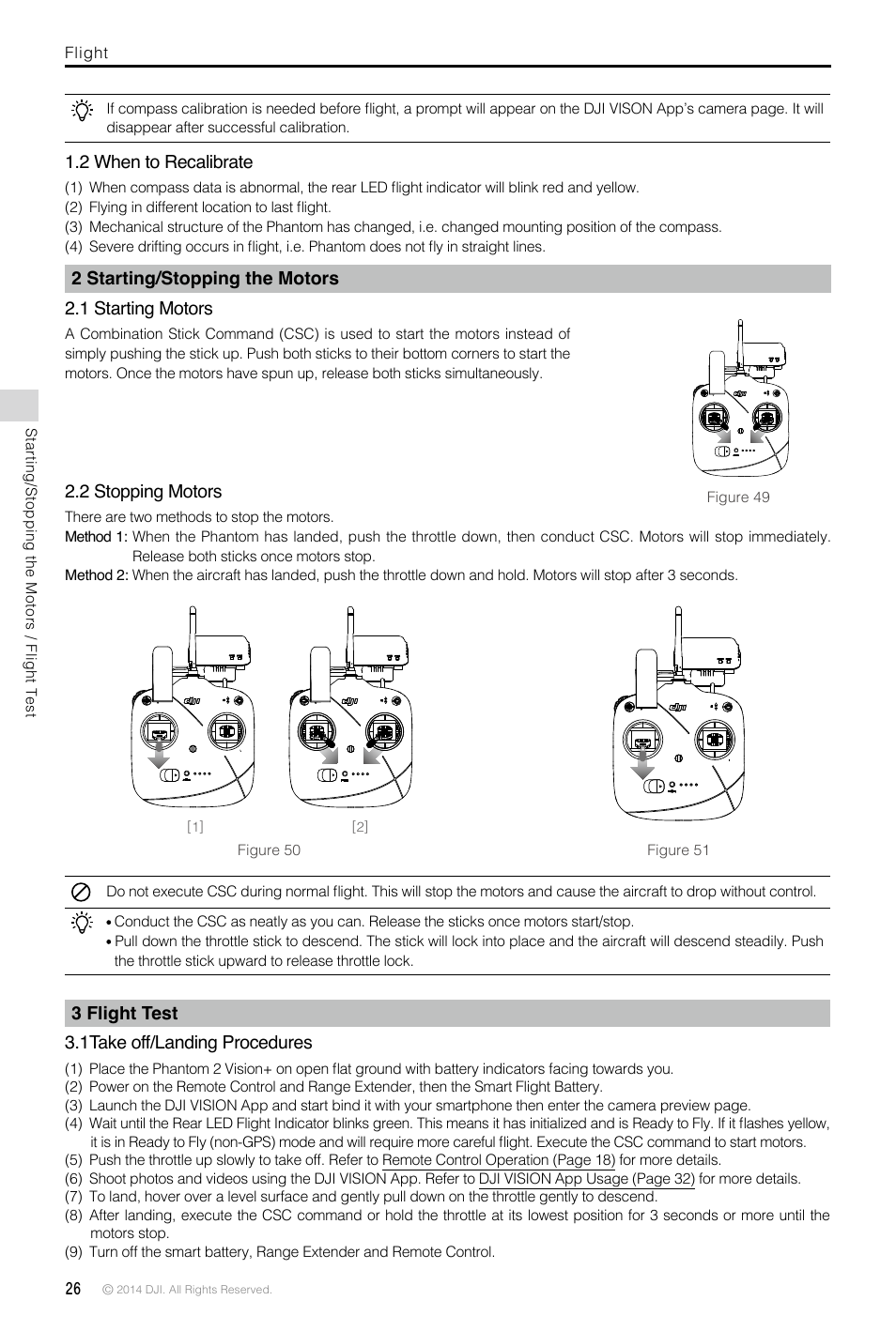 2 when to recalibrate, 2 starting/stopping the motors, 1 starting motors | 2 stopping motors, 3 flight test, 1take off/landing procedures | DJI Phantom 2 Vision Plus User Manual User Manual | Page 26 / 52