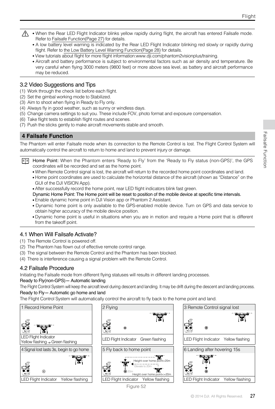 2 video suggestions and tips, 4 failsafe function, 1 when will failsafe activate | 2 failsafe procedure | DJI Phantom 2 Vision Plus User Manual User Manual | Page 27 / 52