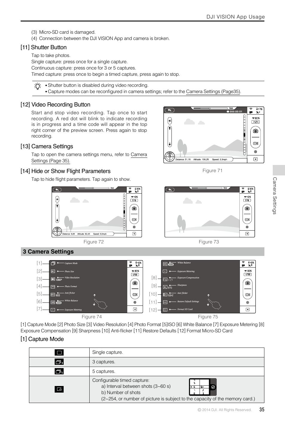11] shutter button, 12] video recording button, 13] camera settings | 14] hide or show flight parameters, 3 camera settings, 1] capture mode, 14] hide or show flight parameters 35 | DJI Phantom 2 Vision Plus User Manual User Manual | Page 35 / 52