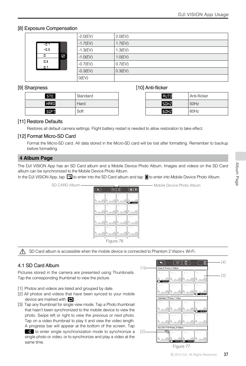 8] exposure compensation, 9] sharpness [10] anti-flicker, 11] restore defaults | 12] format micro-sd card, 1 sd card album, 9] sharpness, 10] anti-flicker | DJI Phantom 2 Vision Plus User Manual User Manual | Page 37 / 52