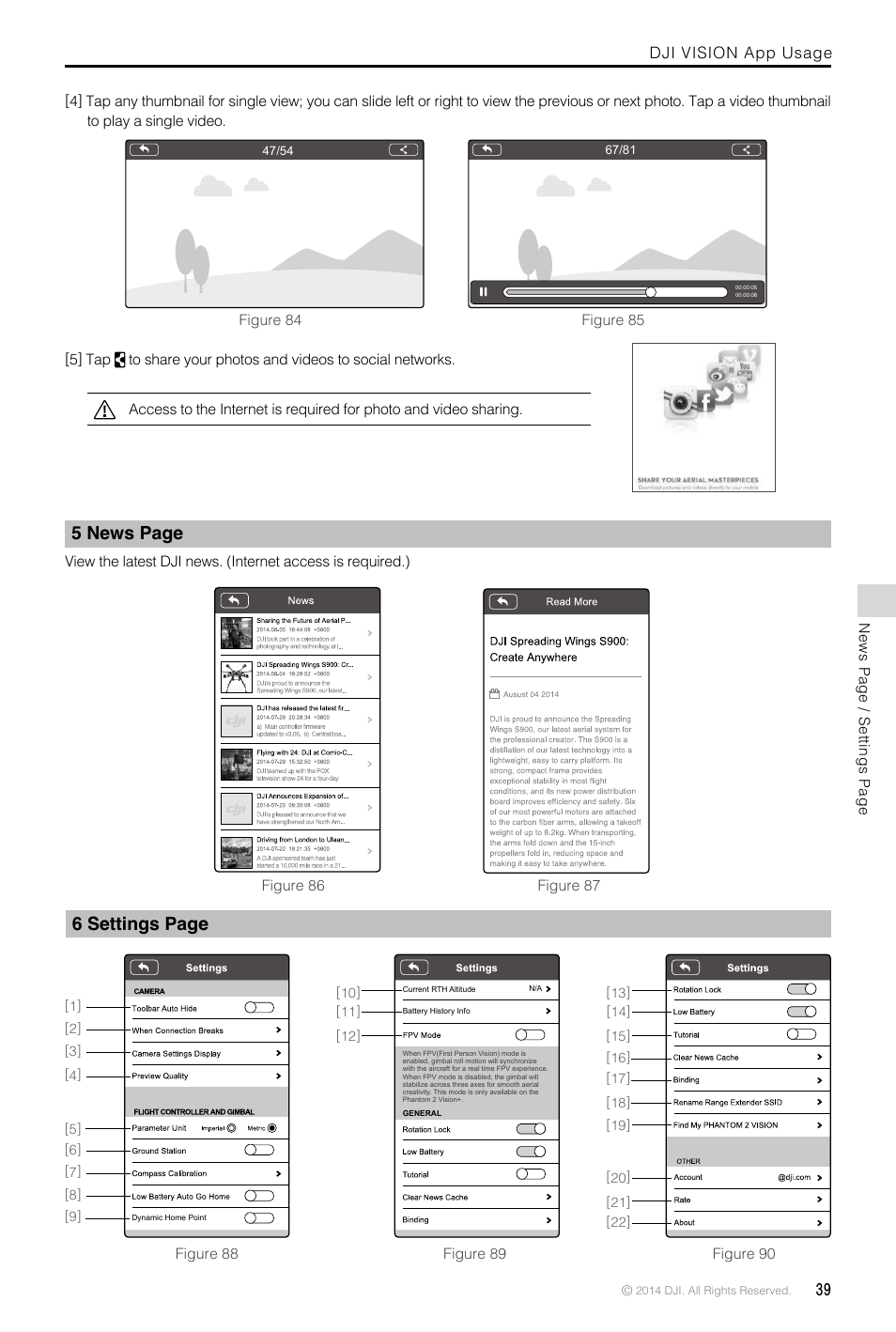 5 news page, 6 settings page, Dji vision app usage | DJI Phantom 2 Vision Plus User Manual User Manual | Page 39 / 52