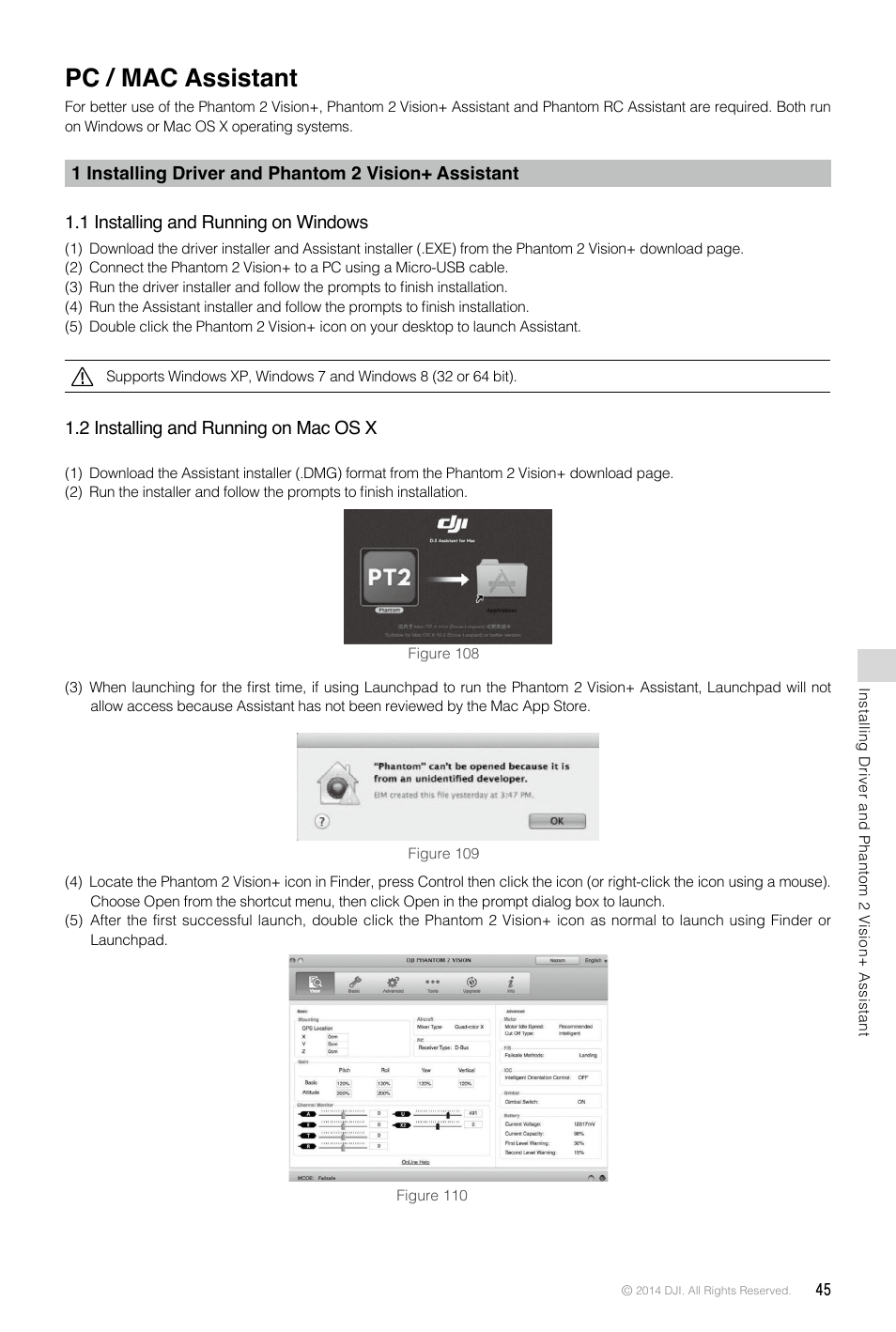Pc / mac assistant, 1 installing and running on windows, 2 installing and running on mac os x | 1 installing driver and phantom 2 vision, Assistant, 1 installing and running on windows 45, 2 installing and running on mac os x 45 | DJI Phantom 2 Vision Plus User Manual User Manual | Page 45 / 52