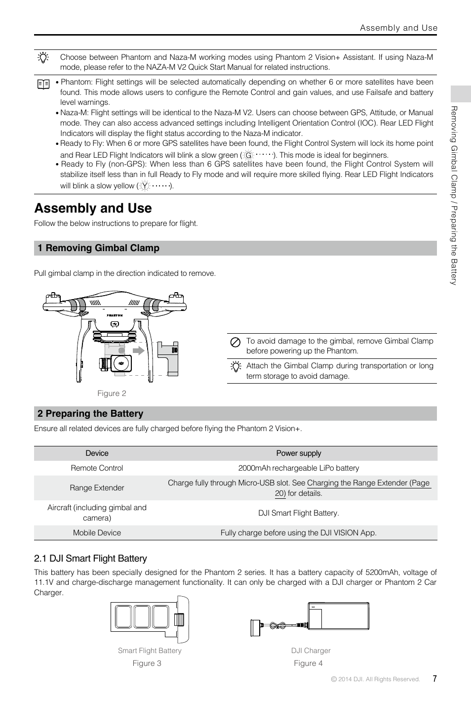 Assembly and use, 1 removing gimbal clamp, 2 preparing the battery | 1 dji smart flight battery | DJI Phantom 2 Vision Plus User Manual User Manual | Page 7 / 52