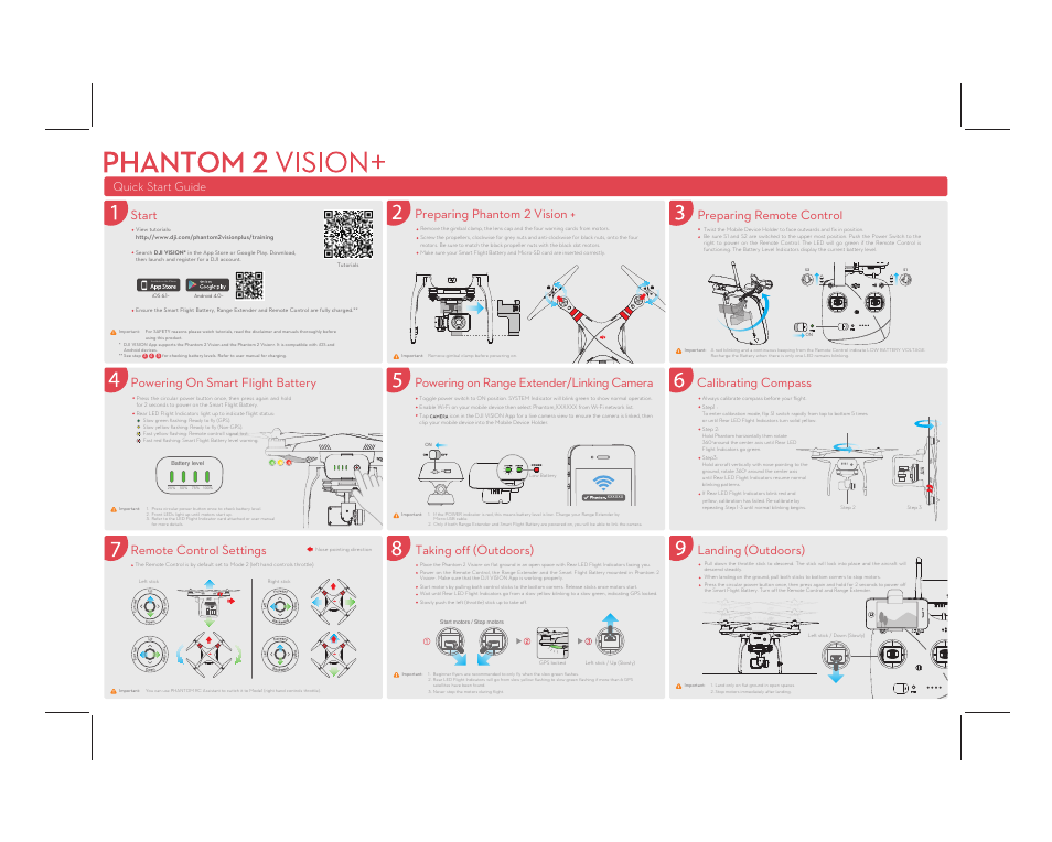 Remote control settings, Taking off (outdoors), Landing (outdoors) start | Preparing phantom 2 vision, Preparing remote control, Powering on smart flight battery, Powering on range extender/linking camera, Calibrating compass, Quick start guide | DJI Phantom 2 Vision Plus Quick Start User Manual | Page 2 / 2