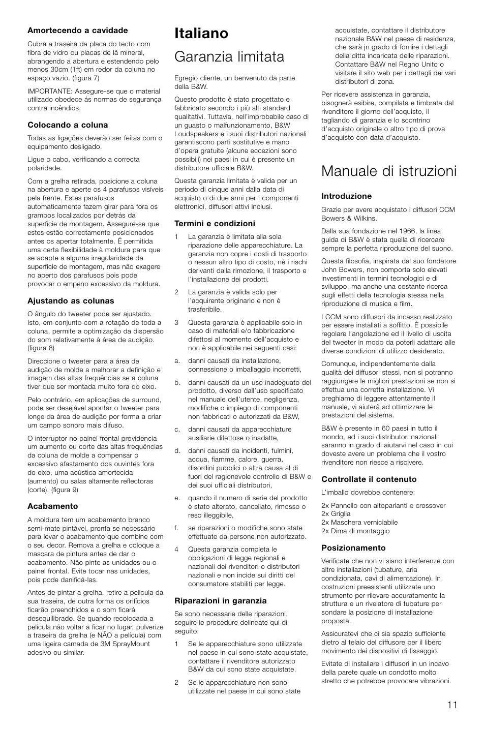 Italiano garanzia limitata, Manuale di istruzioni | Bowers & Wilkins CCM-628 User Manual | Page 14 / 32