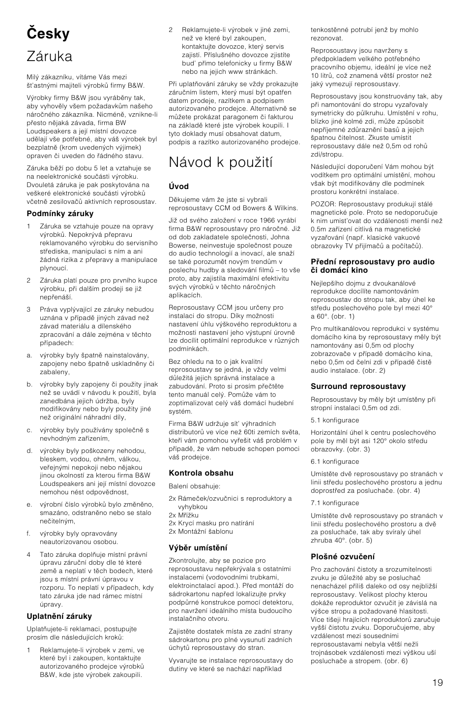Esky záruka, Návod k pouãití | Bowers & Wilkins CCM-628 User Manual | Page 22 / 32