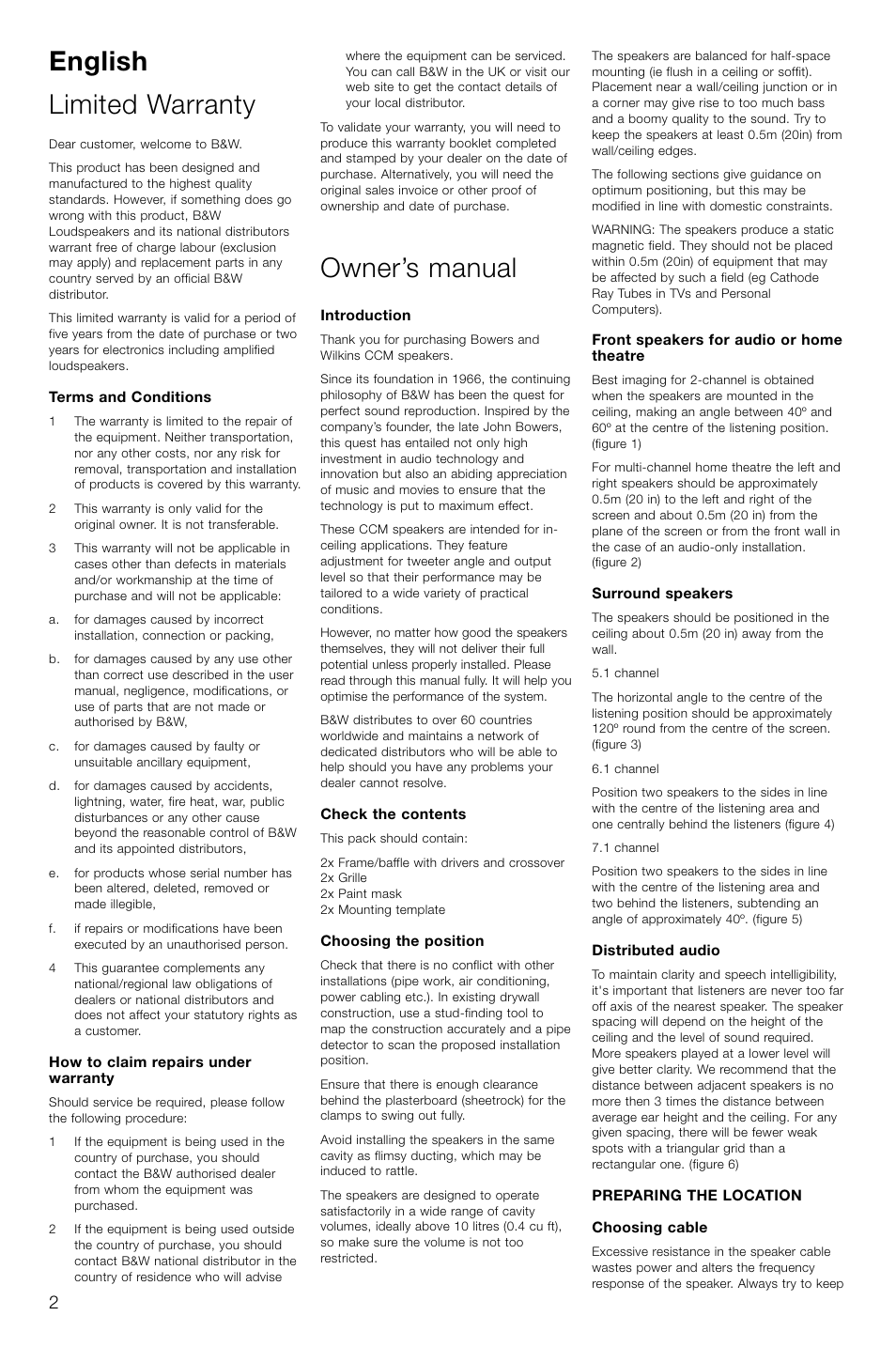English limited warranty, Owner’s manual | Bowers & Wilkins CCM-628 User Manual | Page 5 / 32