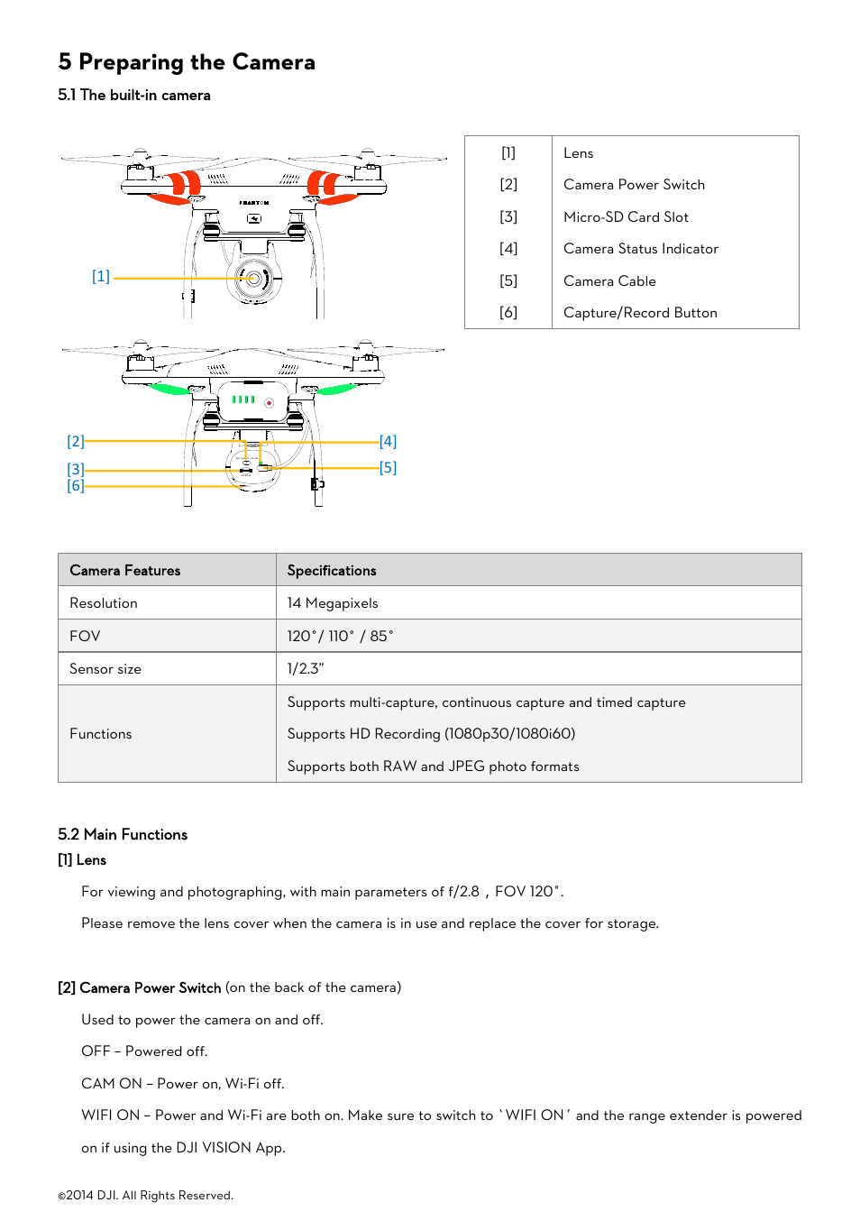 5 preparing the camera, 1 the built-in camera, 2 main functions | He built, In camera, Unctions | DJI Phantom 2 Vision User Manual User Manual | Page 18 / 71