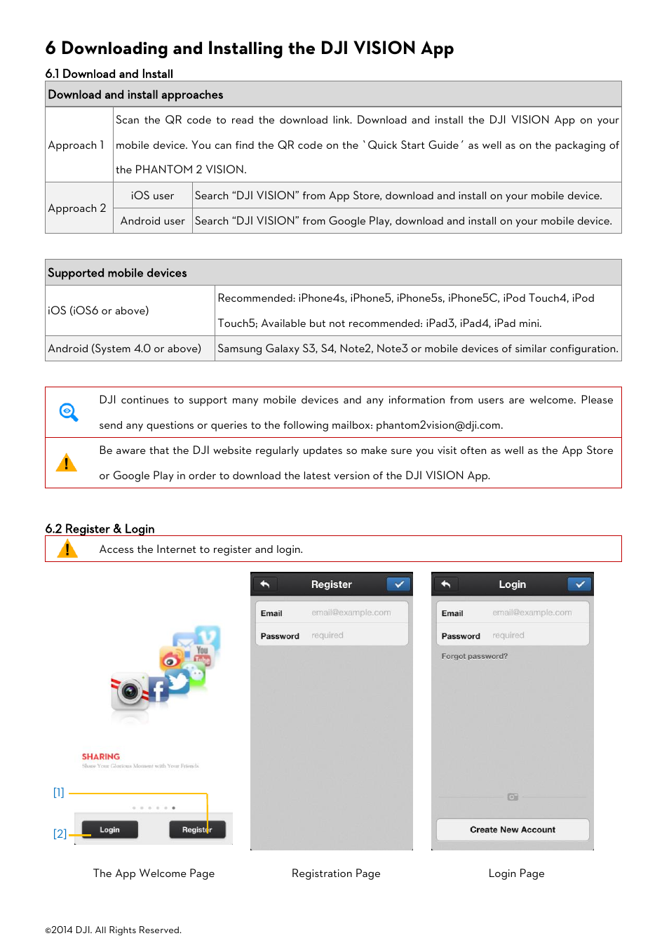 6 downloading and installing the dji vision app, 1 download and install, 2 register & login | Ownload and, Nstall, Egister, Ogin | DJI Phantom 2 Vision User Manual User Manual | Page 21 / 71