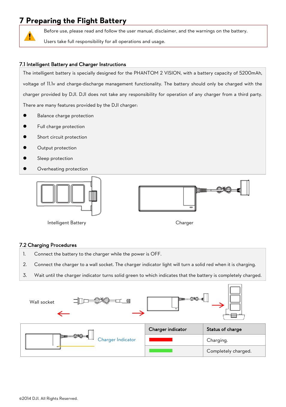 7 preparing the flight battery, 1 intelligent battery and charger instructions, 2 charging procedures | Ntelligent, Attery and, Harger, Nstructions, Harging, Rocedures | DJI Phantom 2 Vision User Manual User Manual | Page 23 / 71